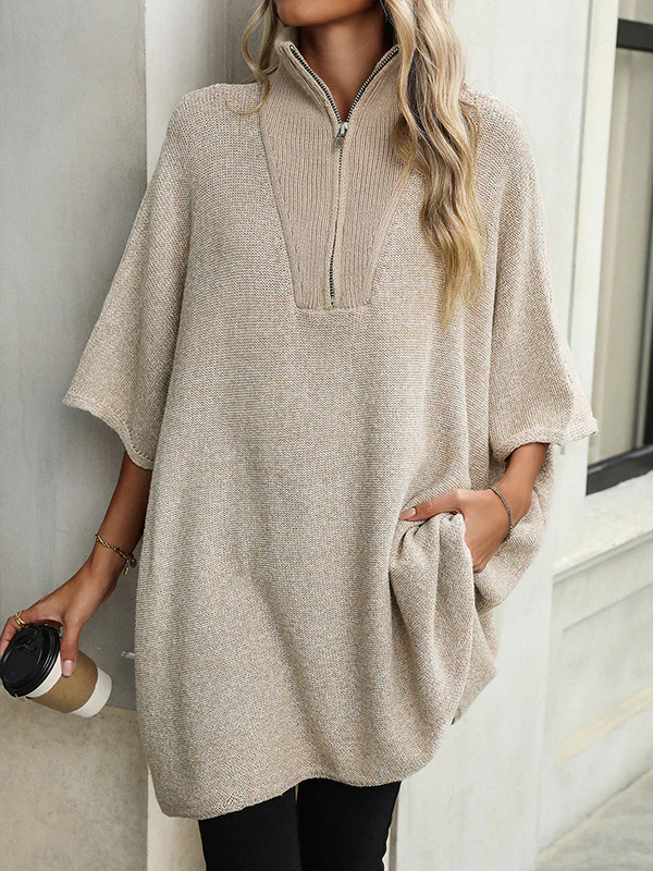 Loose Three-Quarter Sleeves Split-Joint Zipper V-Neck Sweater Tops - Image 10