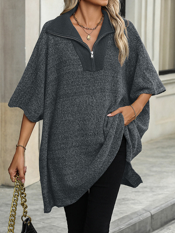 Loose Three-Quarter Sleeves Split-Joint Zipper V-Neck Sweater Tops - Image 12