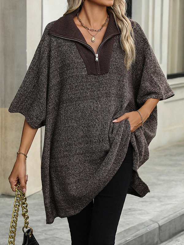 Loose Three-Quarter Sleeves Split-Joint Zipper V-Neck Sweater Tops - Image 16