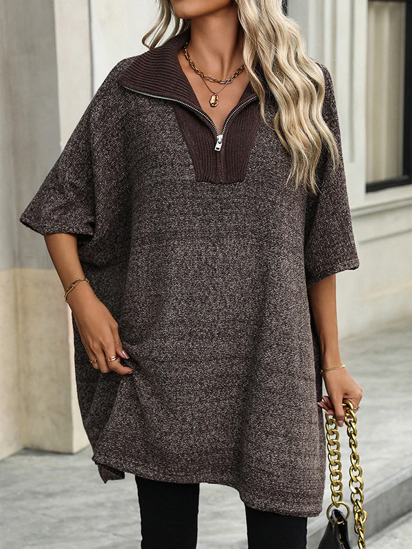 Loose Three-Quarter Sleeves Split-Joint Zipper V-Neck Sweater Tops - Image 2