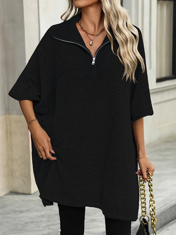 Loose Three-Quarter Sleeves Split-Joint Zipper V-Neck Sweater Tops - Image 4
