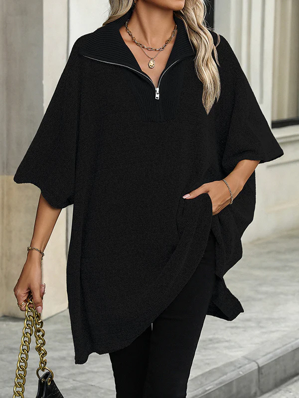 Loose Three-Quarter Sleeves Split-Joint Zipper V-Neck Sweater Tops - Image 5
