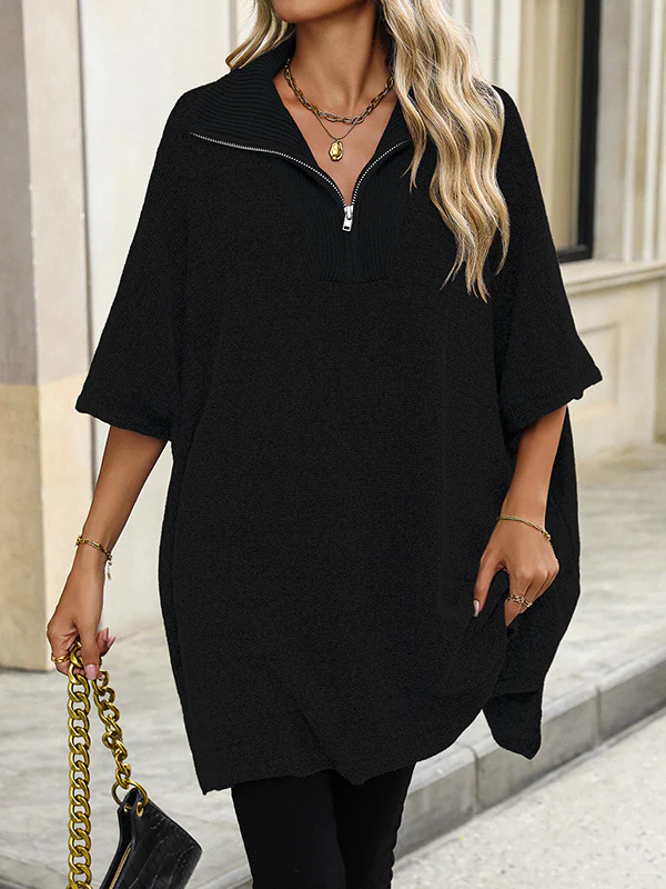 Loose Three-Quarter Sleeves Split-Joint Zipper V-Neck Sweater Tops - Image 6