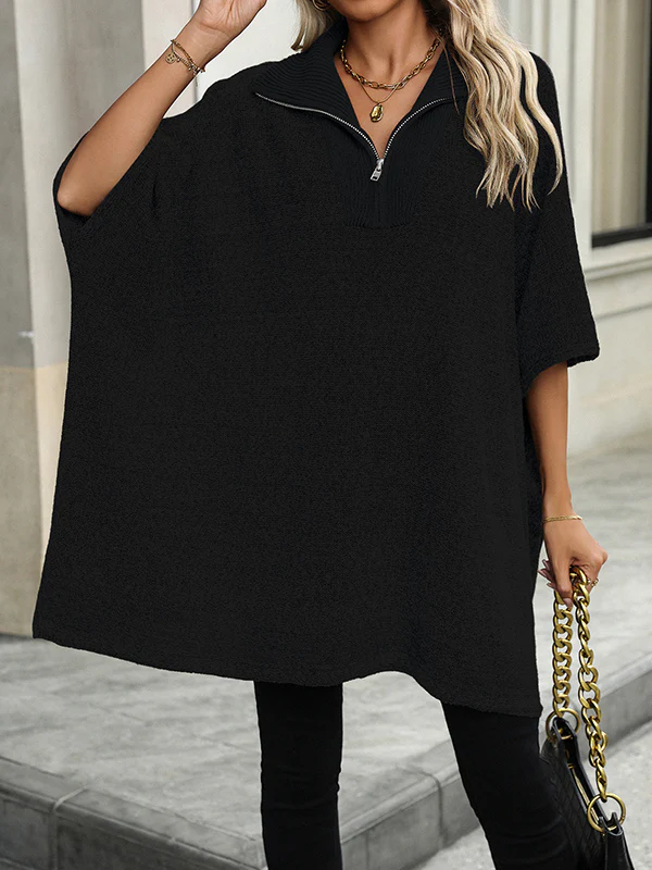 Loose Three-Quarter Sleeves Split-Joint Zipper V-Neck Sweater Tops - Image 7