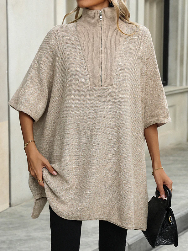 Loose Three-Quarter Sleeves Split-Joint Zipper V-Neck Sweater Tops - Image 9