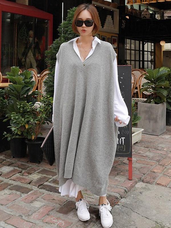 Loose V-neck Woolen Waistcoat - Image 4