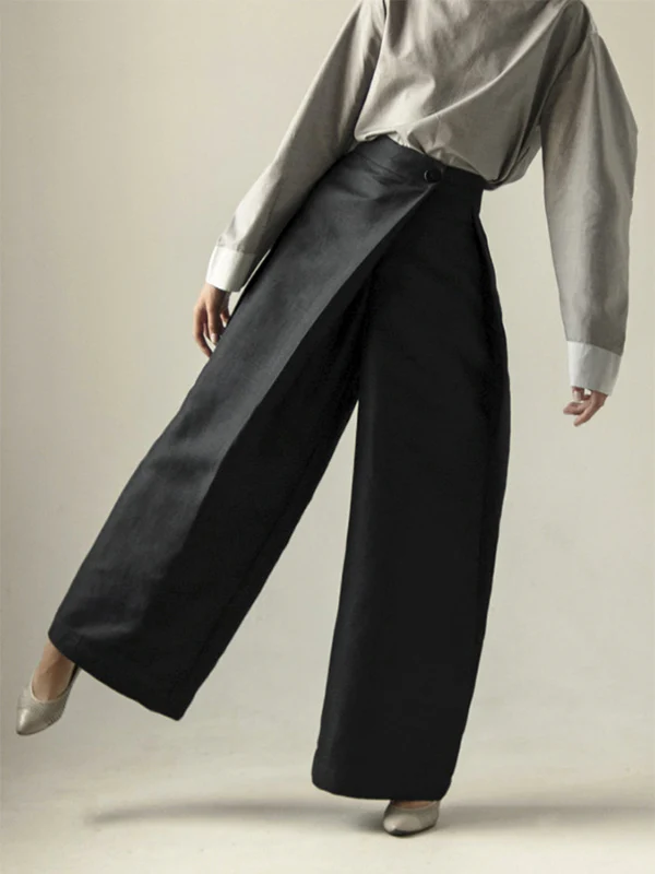 Loose Wide Leg Asymmetric Solid Color Casual Pants Bottoms Trousers - Image 3