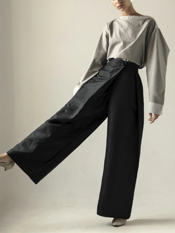 Loose Wide Leg Asymmetric Solid Color Casual Pants Bottoms Trousers - Image 5
