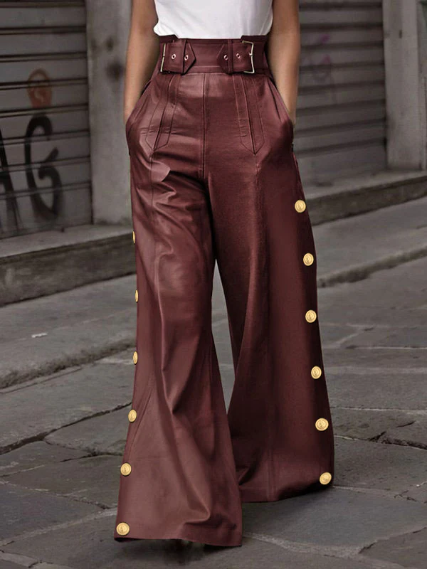 Loose Wide Leg Belted Buttoned Solid Color Casual Pants Bottoms Trousers - Image 2