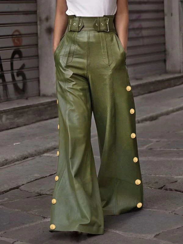 Loose Wide Leg Belted Buttoned Solid Color Casual Pants Bottoms Trousers - Image 3
