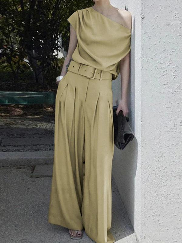 Loose Wide Leg Belted Pleated Solid Color Casual Pants Bottoms - Image 2