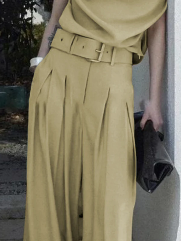 Loose Wide Leg Belted Pleated Solid Color Casual Pants Bottoms - Image 3