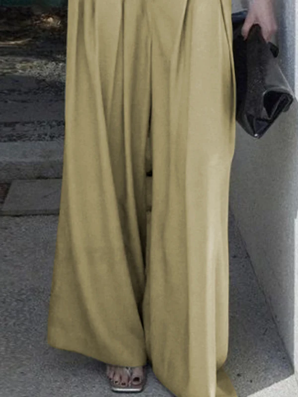 Loose Wide Leg Belted Pleated Solid Color Casual Pants Bottoms - Image 4