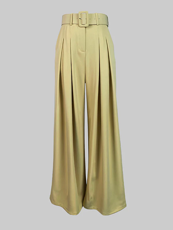 Loose Wide Leg Belted Pleated Solid Color Casual Pants Bottoms - Image 5