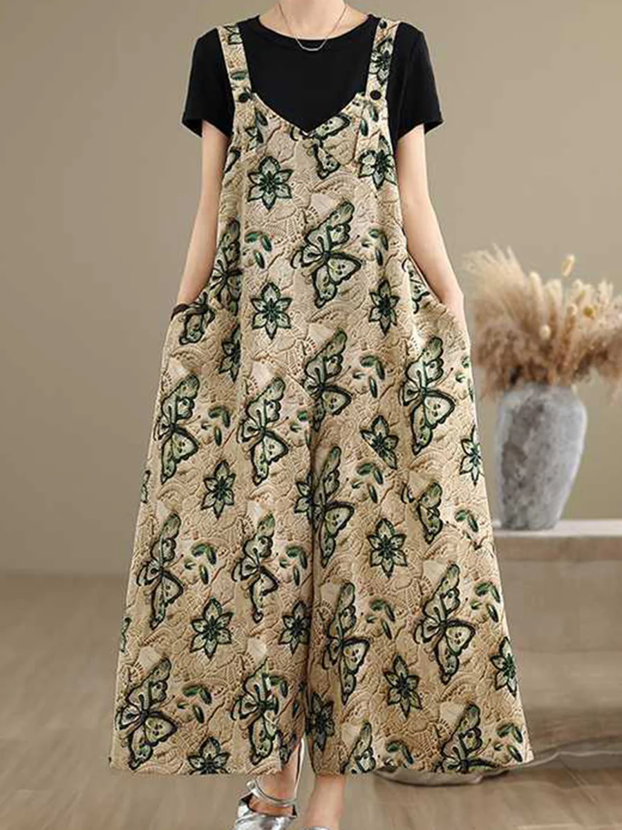 Loose Wide Leg Butterfly Print Buttoned Contrast Color Pockets Split-Joint Adjustable Straps Overalls - Image 2