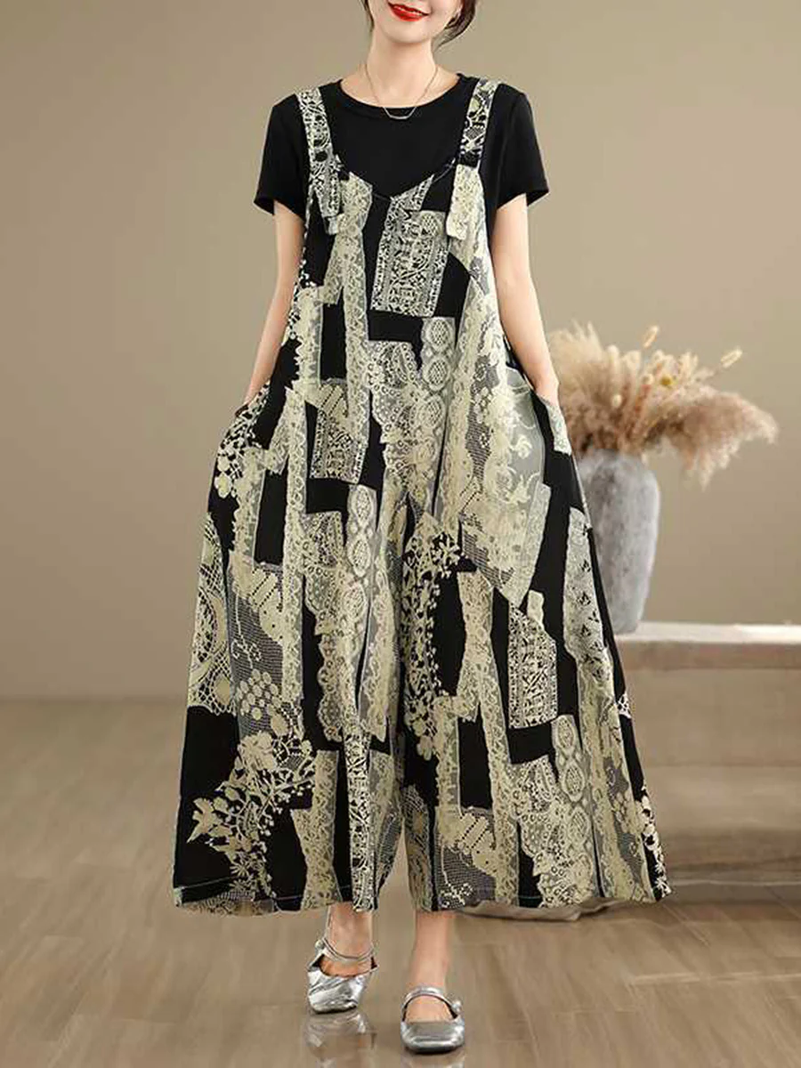 Loose Wide Leg Buttoned Contrast Color Pockets Printed Split-Joint Adjustable Straps Overalls