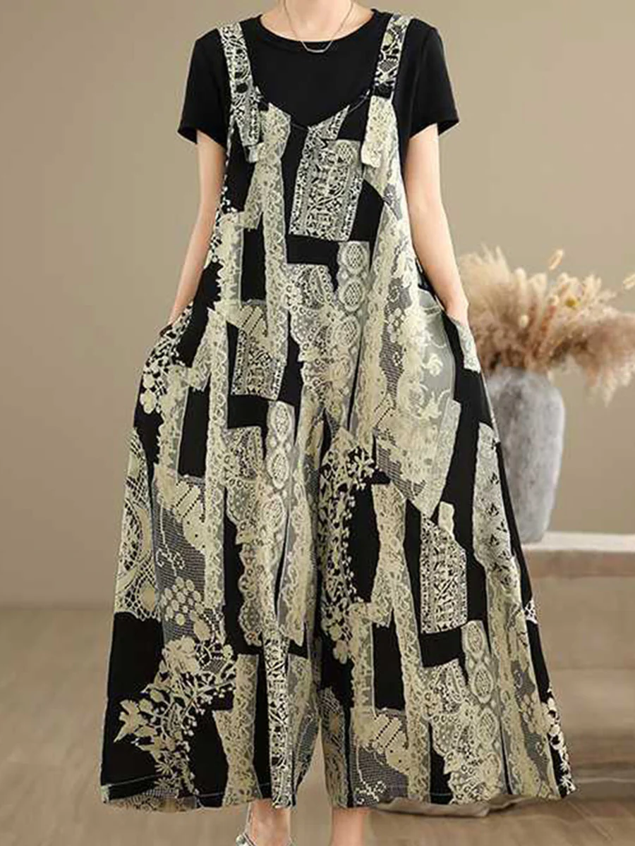 Loose Wide Leg Buttoned Contrast Color Pockets Printed Split-Joint Adjustable Straps Overalls - Image 2