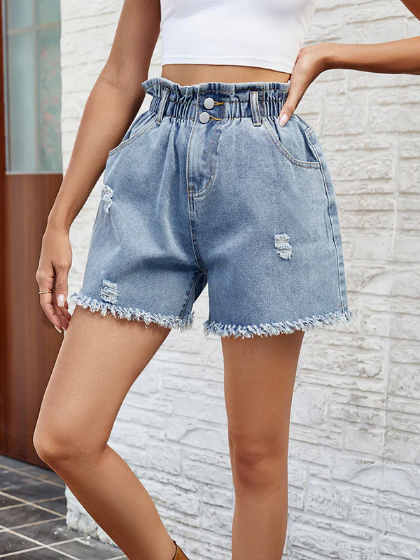 Loose Wide Leg Buttoned Elasticity Fringed Pockets Jean Pants Bottoms Shorts Bottoms - Image 2