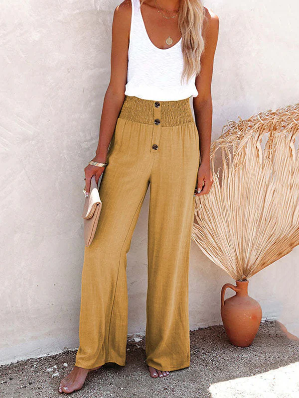Loose Wide Leg Buttoned Elasticity Solid Color Pants Trousers - Image 15