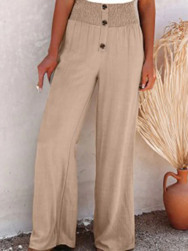 Loose Wide Leg Buttoned Elasticity Solid Color Pants Trousers - Image 2