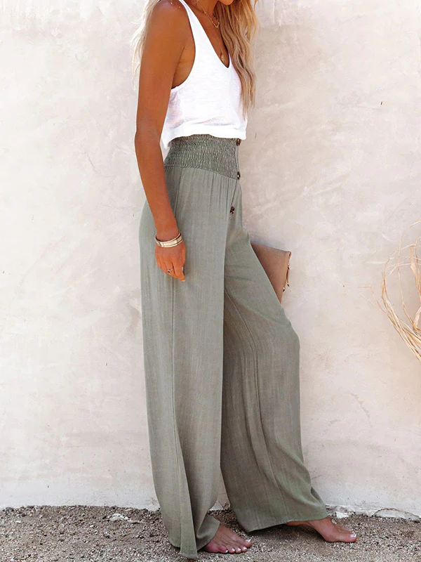Loose Wide Leg Buttoned Elasticity Solid Color Pants Trousers - Image 4
