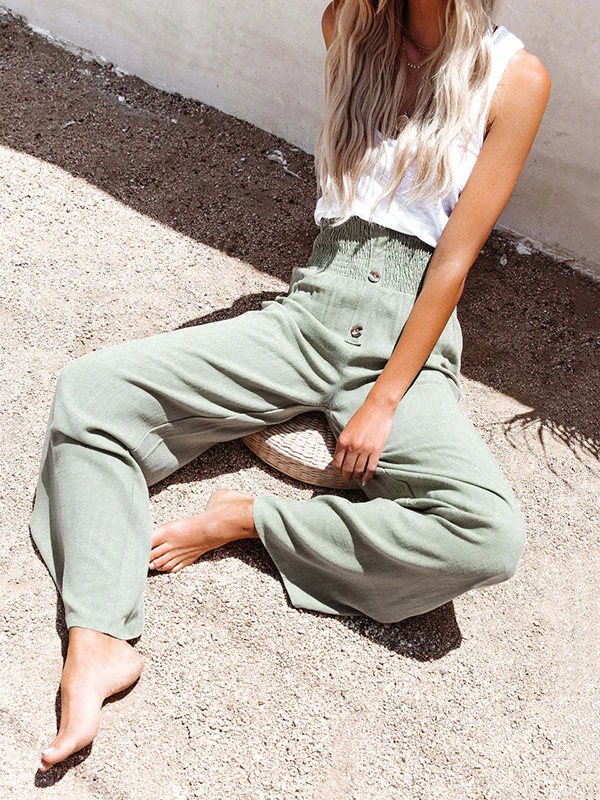 Loose Wide Leg Buttoned Elasticity Solid Color Pants Trousers - Image 6