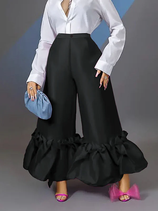 Loose Wide Leg Buttoned Falbala High-Waisted Solid Color Flared Trousers Pants - Image 2