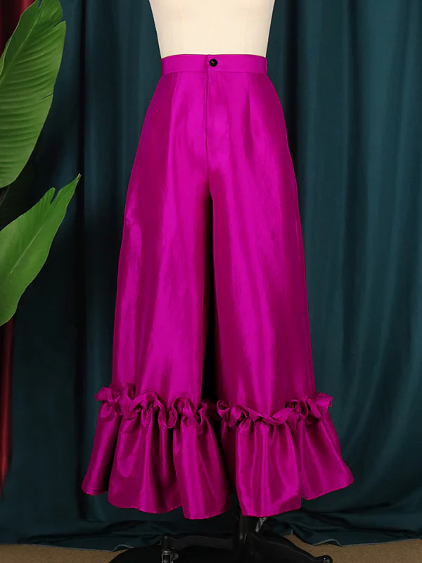 Loose Wide Leg Buttoned Falbala High-Waisted Solid Color Flared Trousers Pants - Image 3