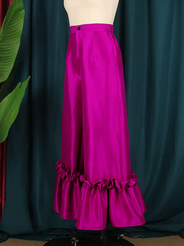 Loose Wide Leg Buttoned Falbala High-Waisted Solid Color Flared Trousers Pants - Image 4