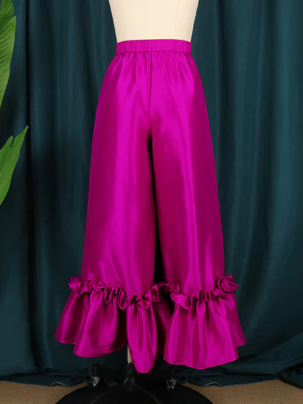 Loose Wide Leg Buttoned Falbala High-Waisted Solid Color Flared Trousers Pants - Image 5
