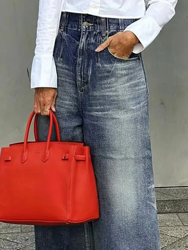 Loose Wide Leg Buttoned Fringed Pockets Jean Pants Bottoms - Image 2