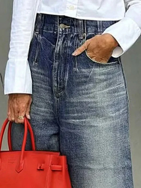 Loose Wide Leg Buttoned Fringed Pockets Jean Pants Bottoms - Image 3