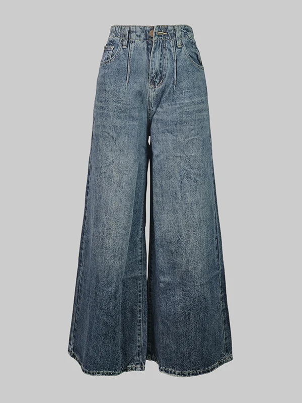 Loose Wide Leg Buttoned Fringed Pockets Jean Pants Bottoms - Image 4
