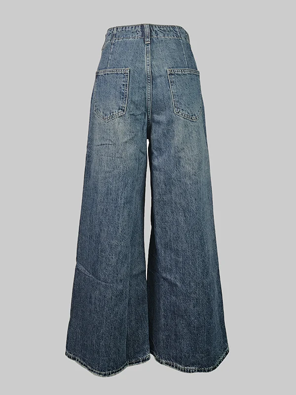 Loose Wide Leg Buttoned Fringed Pockets Jean Pants Bottoms - Image 5