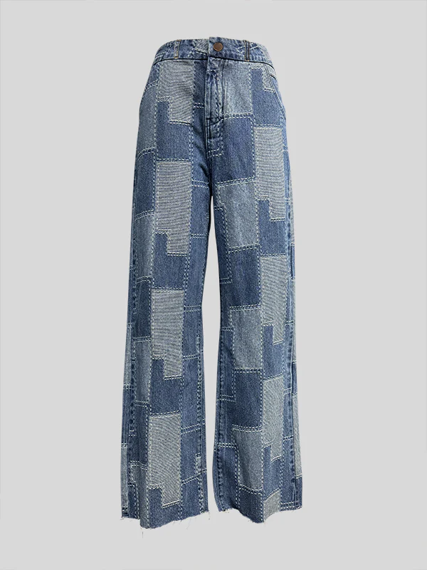 Loose Wide Leg Buttoned Plaid Pockets Split-Joint Jean Pants Bottoms - Image 2