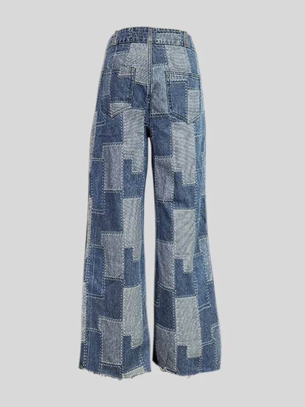 Loose Wide Leg Buttoned Plaid Pockets Split-Joint Jean Pants Bottoms - Image 3