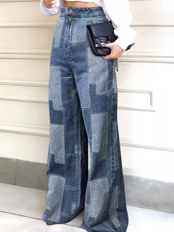 Loose Wide Leg Buttoned Plaid Pockets Split-Joint Jean Pants Bottoms - Image 5