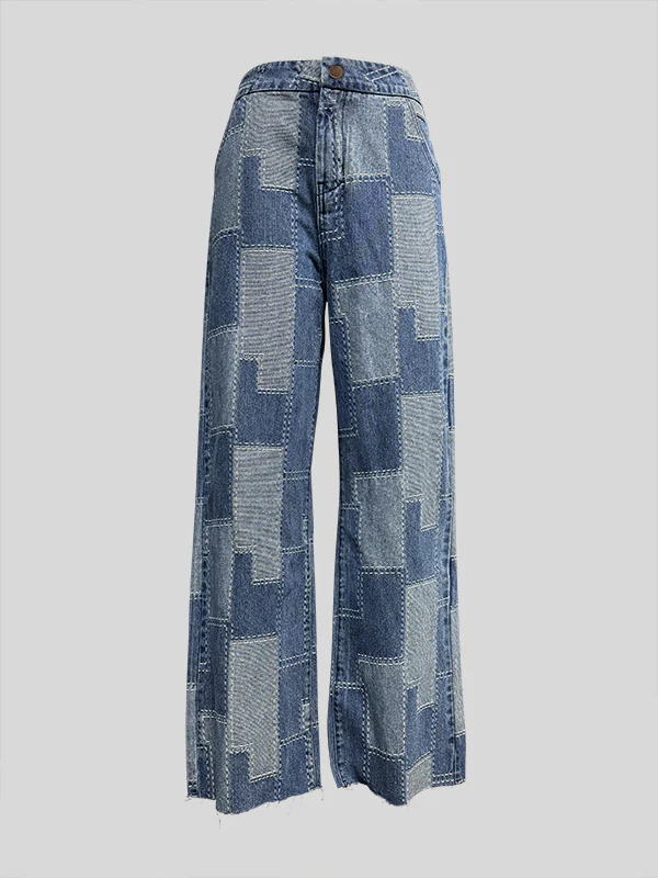 Loose Wide Leg Buttoned Plaid Pockets Split-Joint Jean Pants Bottoms - Image 6