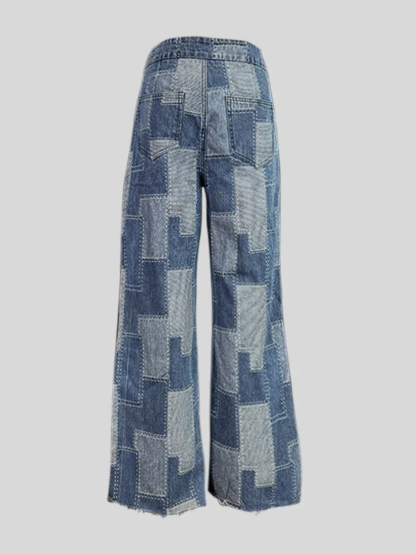 Loose Wide Leg Buttoned Plaid Pockets Split-Joint Jean Pants Bottoms - Image 7