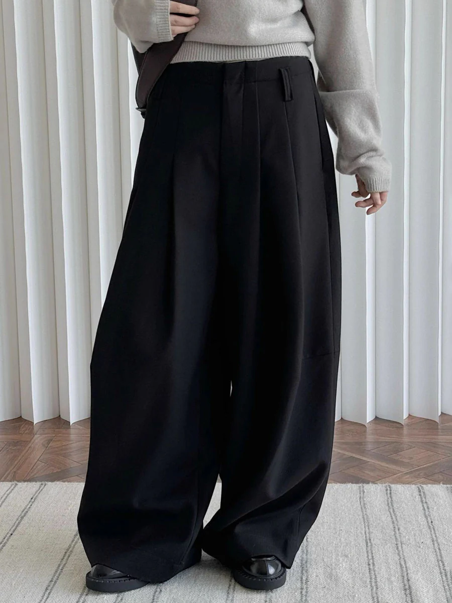 Loose Wide Leg Buttoned Pleated Pockets Solid Color Zipper Suit Pants - Image 2