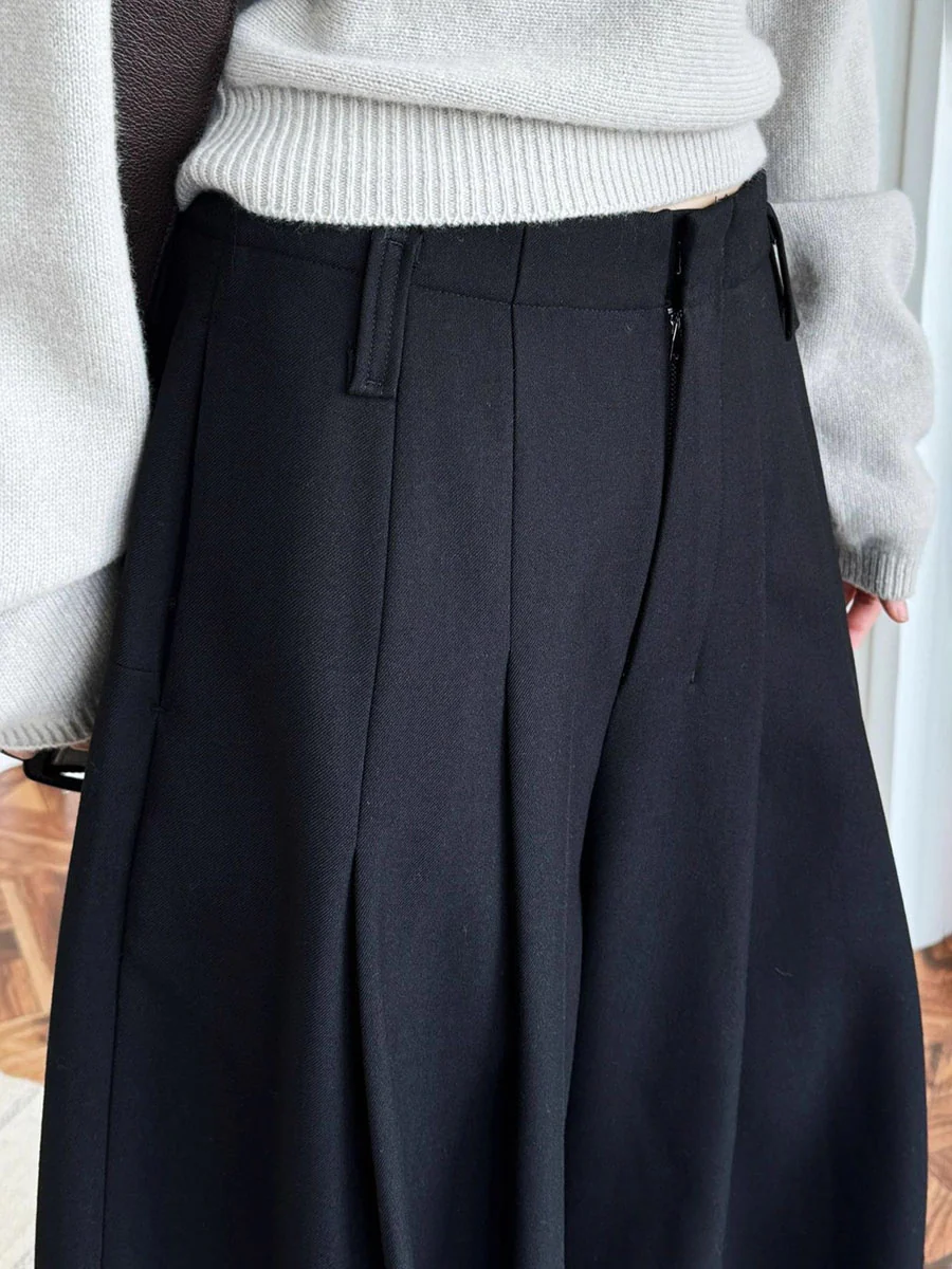 Loose Wide Leg Buttoned Pleated Pockets Solid Color Zipper Suit Pants - Image 3