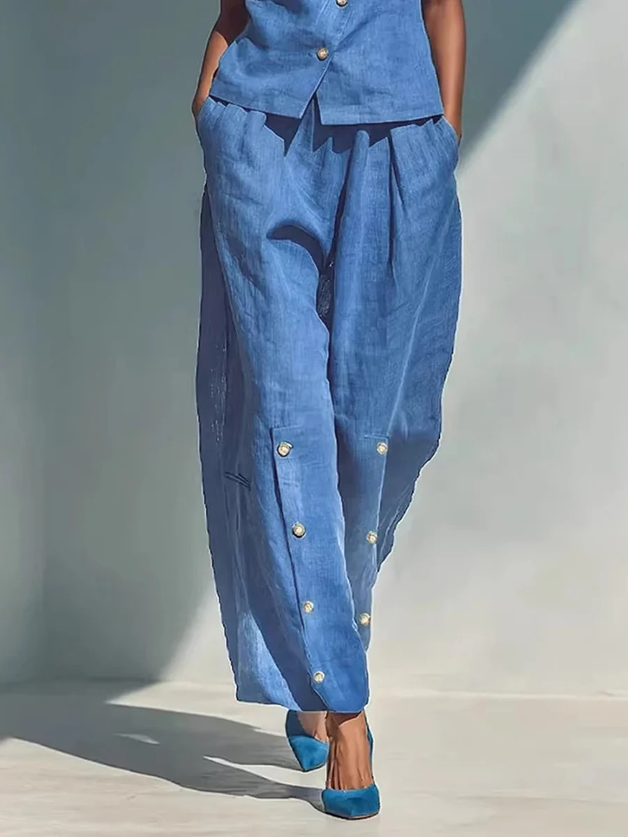 Loose Wide Leg Buttoned Pockets Solid Color Pants Trousers