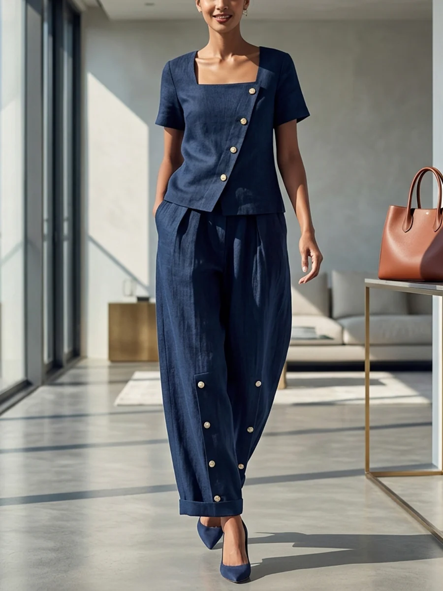 Loose Wide Leg Buttoned Pockets Solid Color Pants Trousers - Image 12