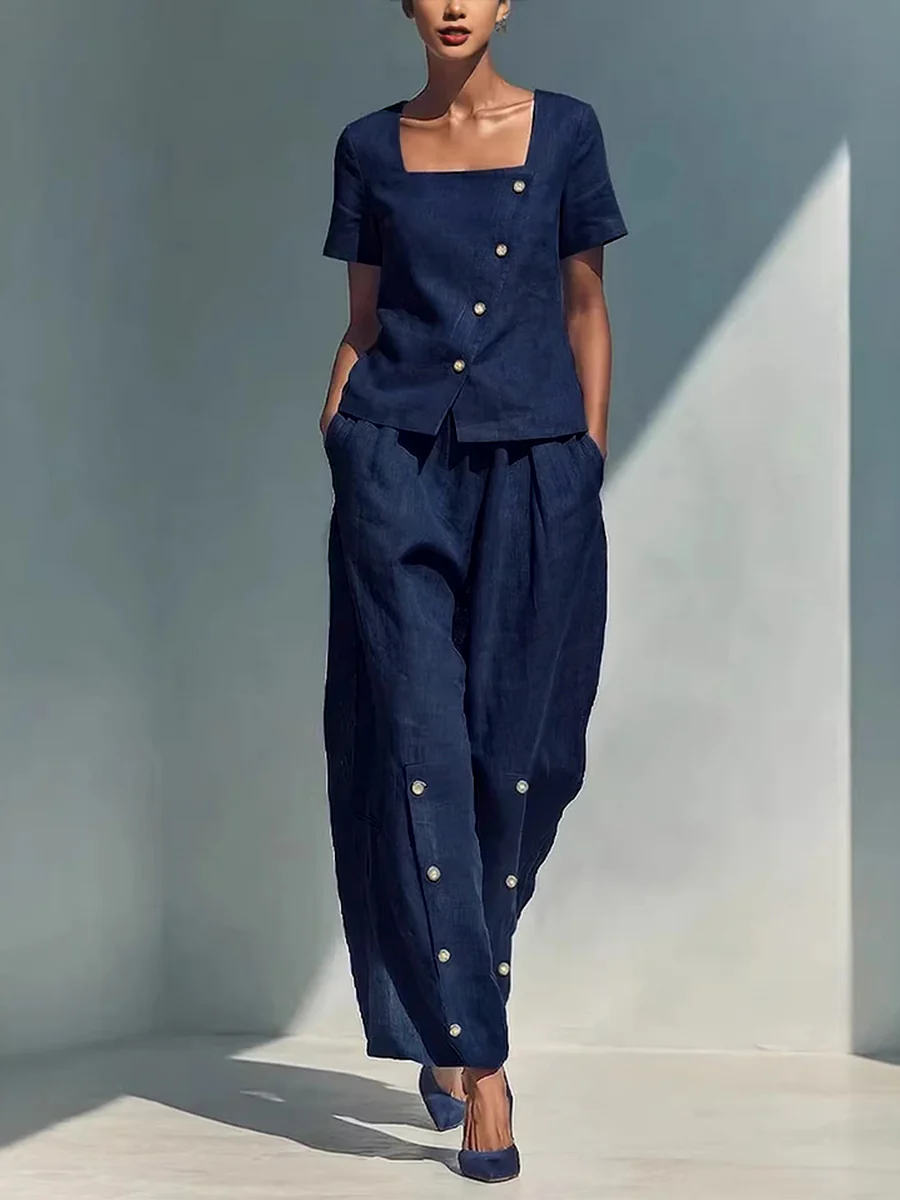 Loose Wide Leg Buttoned Pockets Solid Color Pants Trousers - Image 13