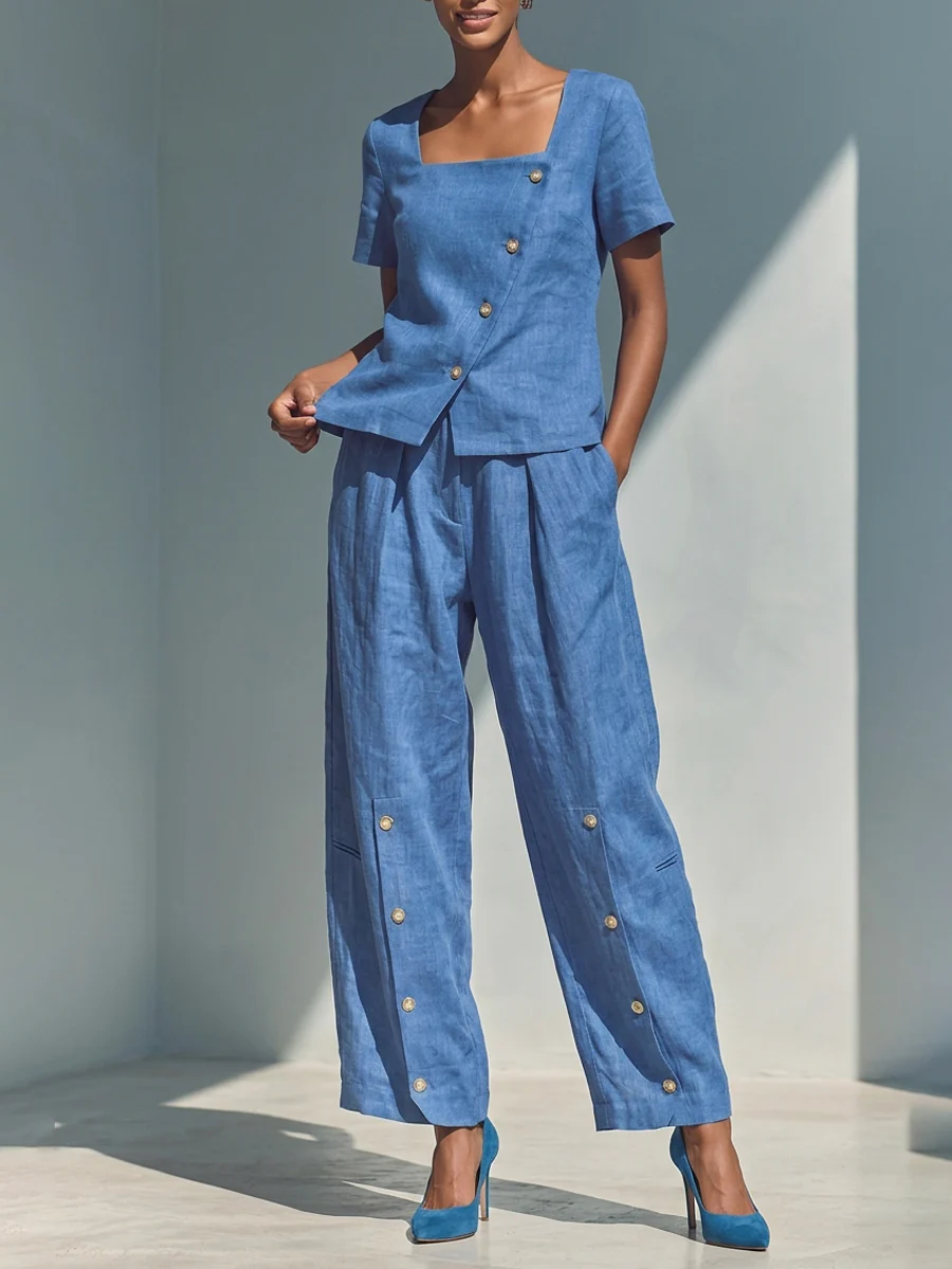 Loose Wide Leg Buttoned Pockets Solid Color Pants Trousers - Image 6