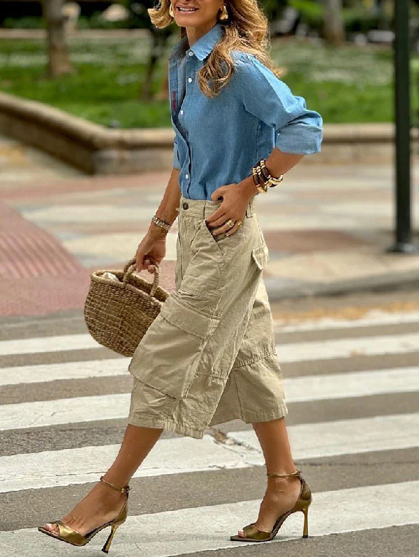 Loose Wide Leg Buttoned Pockets Solid Color Split-Joint Capri-Pants Cropped Trousers - Image 3