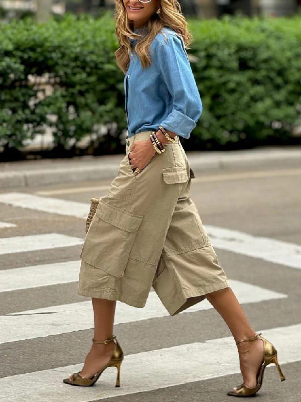 Loose Wide Leg Buttoned Pockets Solid Color Split-Joint Capri-Pants Cropped Trousers - Image 4