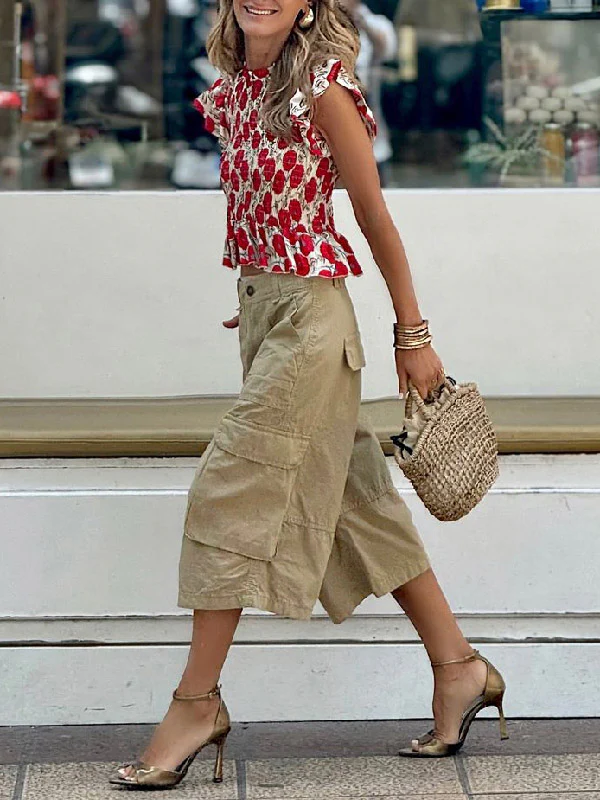 Loose Wide Leg Buttoned Pockets Solid Color Split-Joint Capri-Pants Cropped Trousers - Image 5