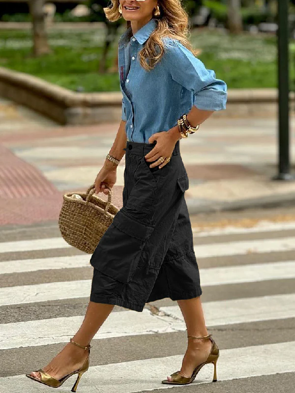 Loose Wide Leg Buttoned Pockets Solid Color Split-Joint Capri-Pants Cropped Trousers - Image 7