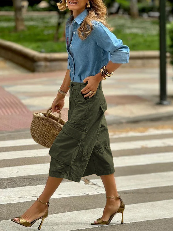 Loose Wide Leg Buttoned Pockets Solid Color Split-Joint Capri-Pants Cropped Trousers - Image 8